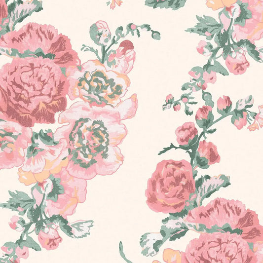 Hollyhocks Coral Pink Wallpaper Wallpaper Inn