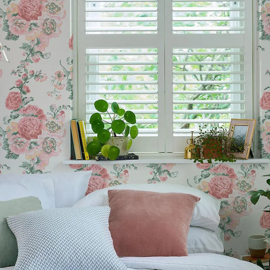 Hollyhocks Coral Pink Wallpaper Wallpaper Inn