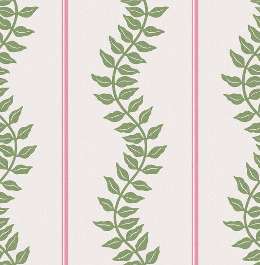 Laurel Leaf Stripe Pink & Green Wallpaper