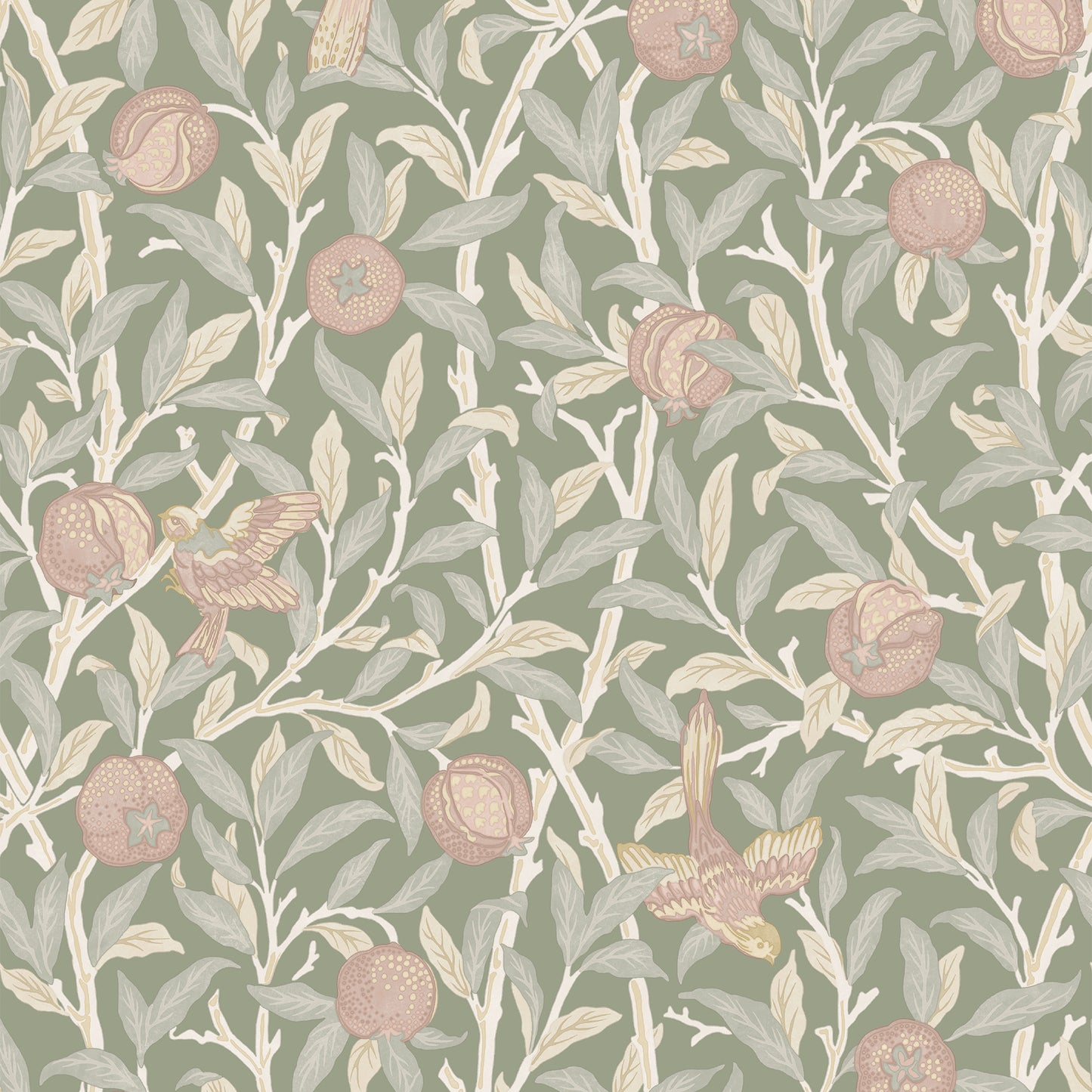 Bird & Pomegranate Rose Garden Wallpaper