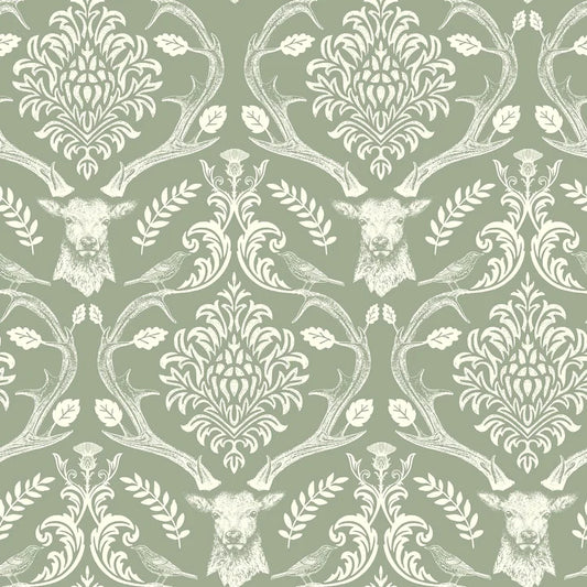 Stag Damask Sage Green Wallpaper