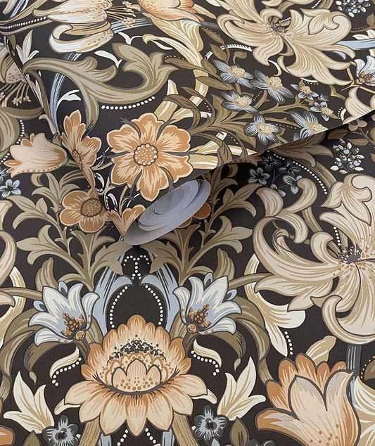 Fleurmont Wallpaper Charcoal/ Orange