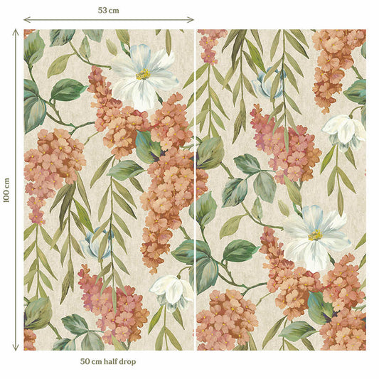 Buddleia Coral/Beige (Digital Print) - Wallpaper Inn