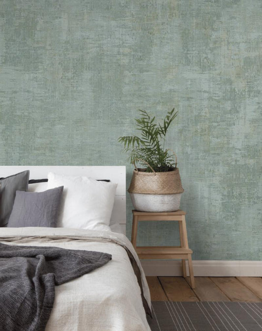 Distressed Plaster Green / Silver Grey Wallpaper