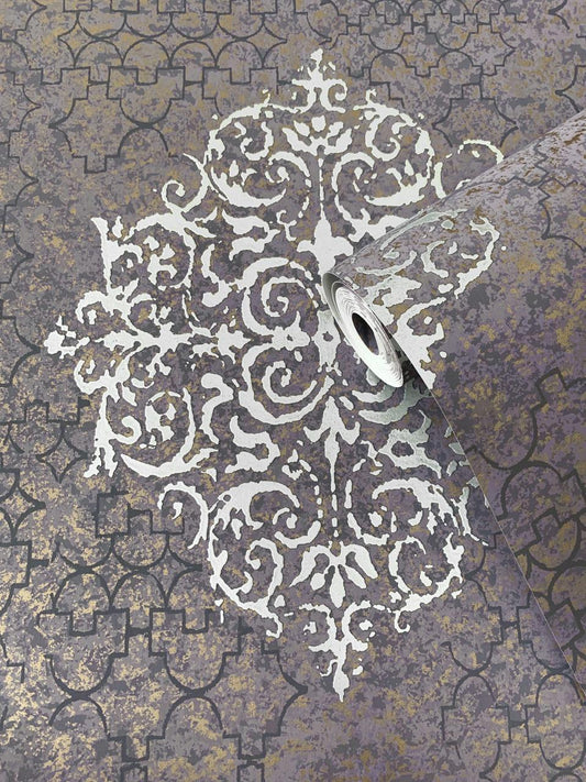 Damask Mottled Wallpaper Silver Grey & Lilac