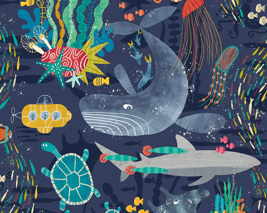 Beneath the Waves Prussian Wallpaper