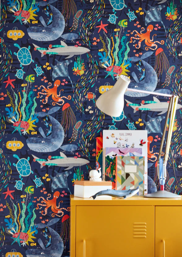 Beneath the Waves Prussian Wallpaper