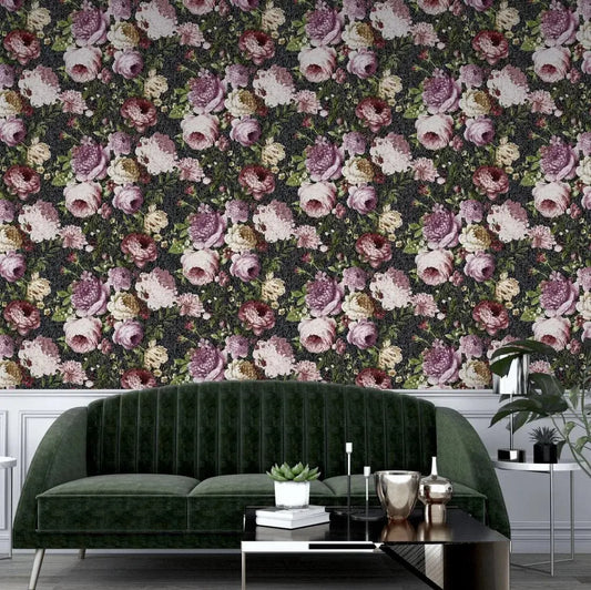 Tapestry Floral Charcoal / Pink Wallpaper Wallpaper Inn