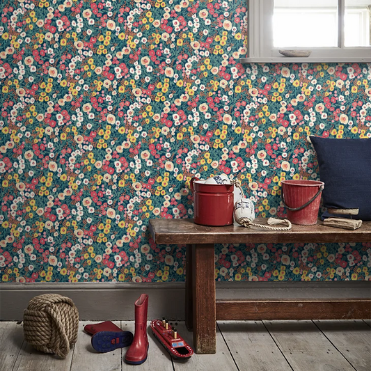Flora Ditsy - Indigo & Coral Wallpaper