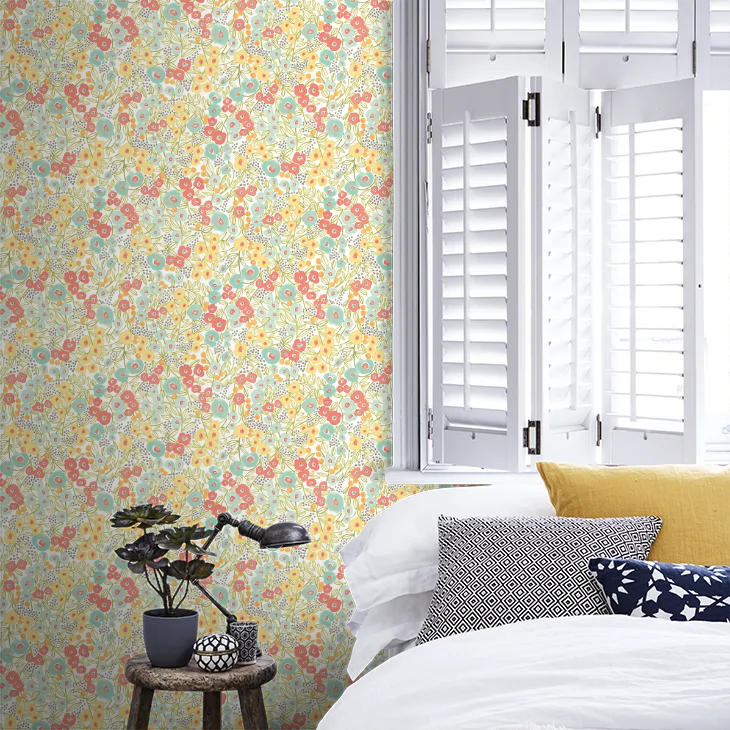 Flora Ditsy - Coral & Sky Wallpaper