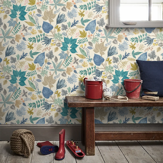 Lush Leaves - Denim & Stone Wallpaper
