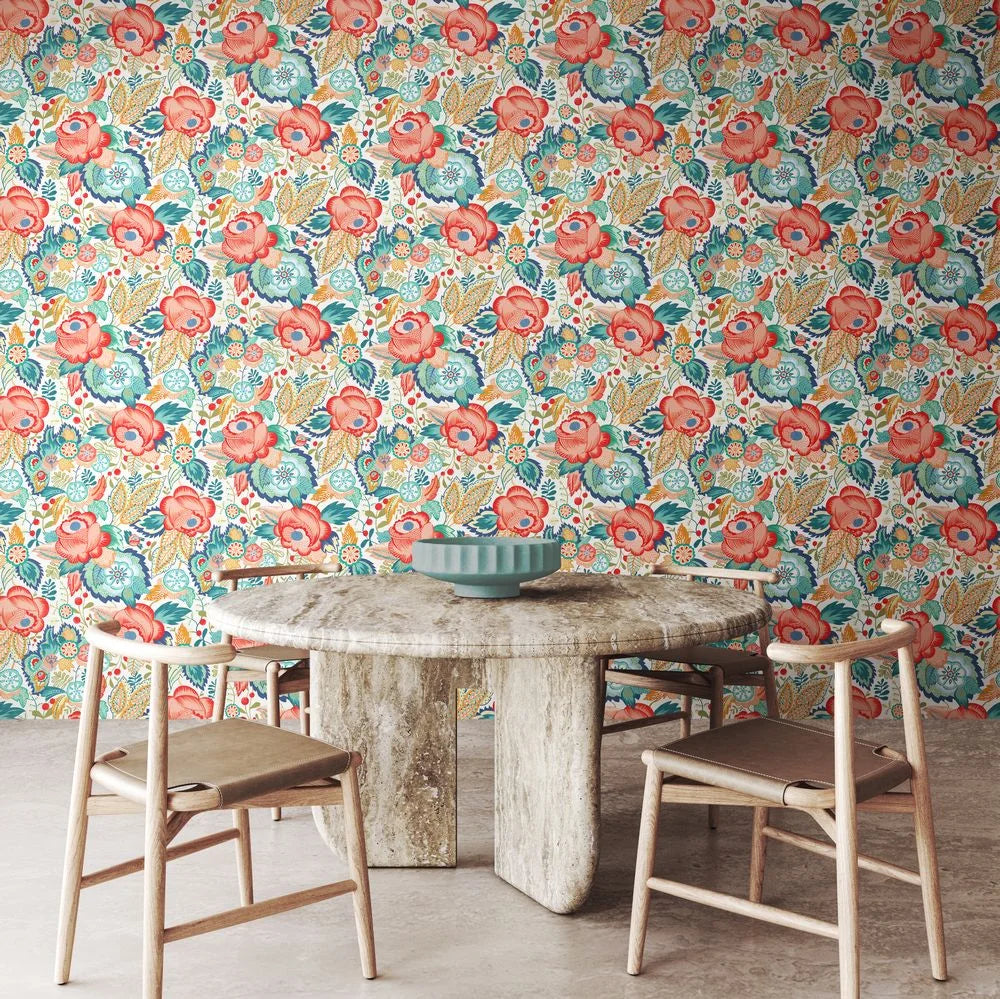 Emily Rose - Petrol & Coral Wallpaper