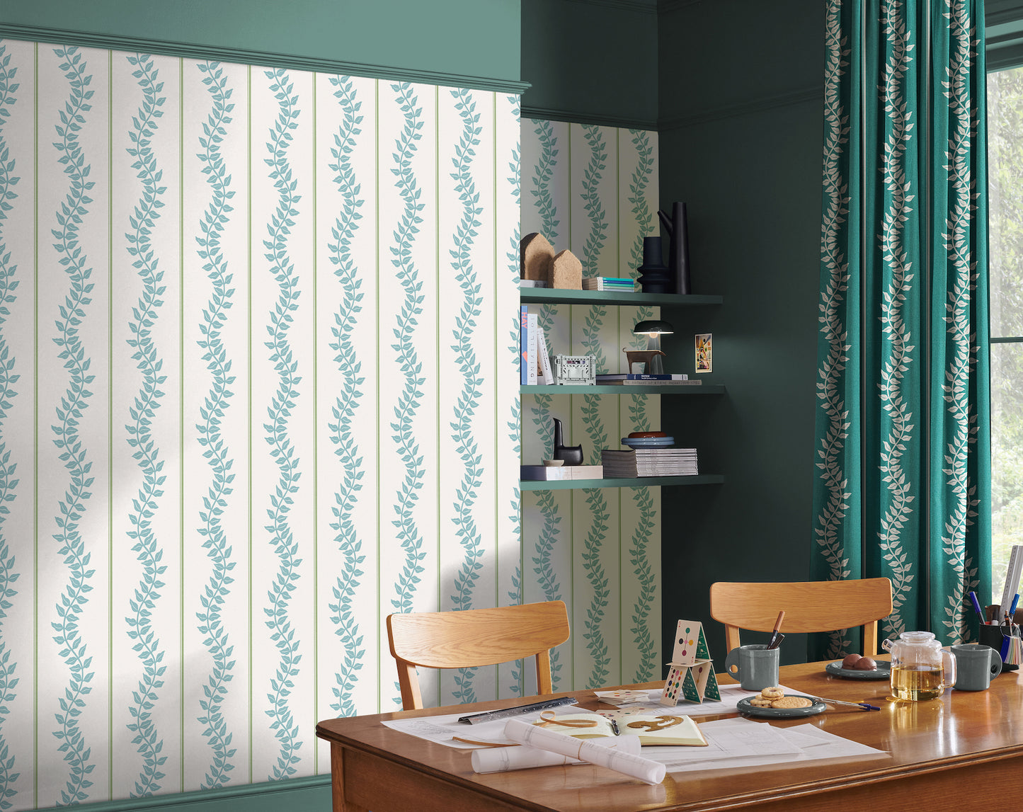 Laurel Leaf Stripe Blue & Green Wallpaper