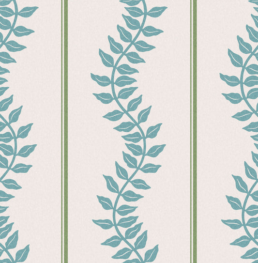 Laurel Leaf Stripe Blue & Green Wallpaper