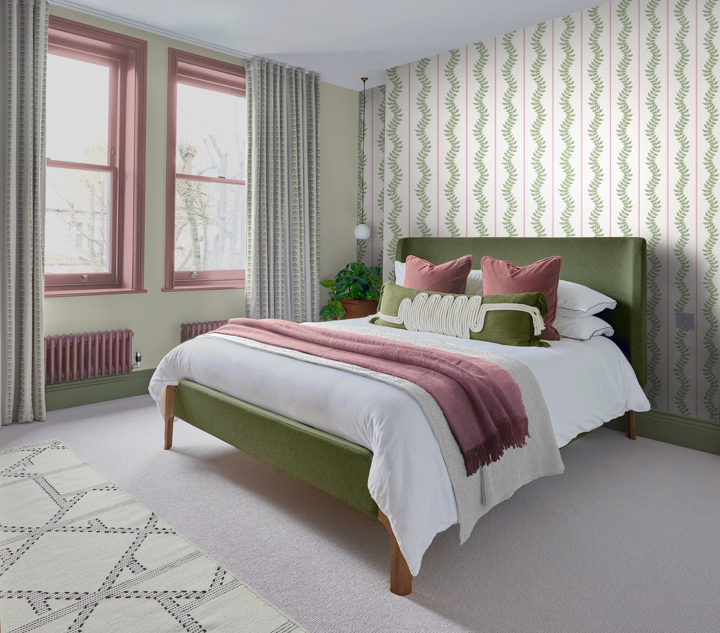 Laurel Leaf Stripe Pink & Green Wallpaper