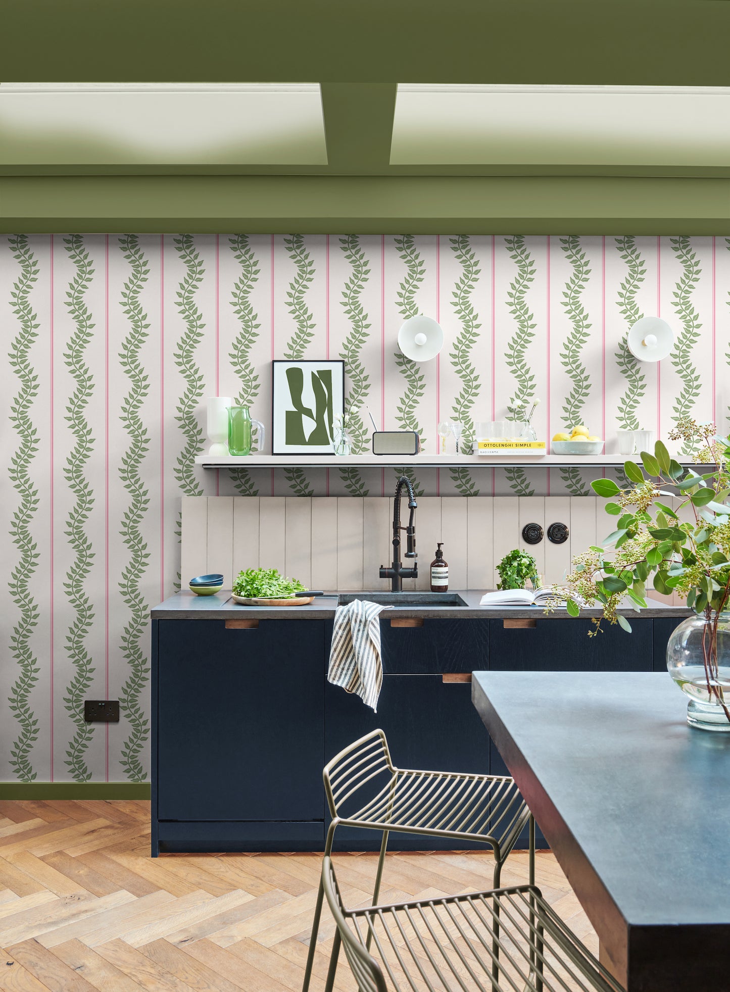 Laurel Leaf Stripe Pink & Green Wallpaper