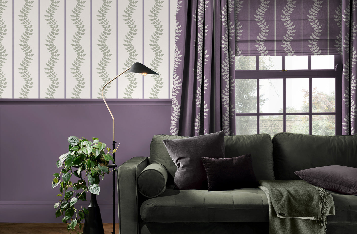 Laurel Leaf Stripe Mauve & Sage Wallpaper