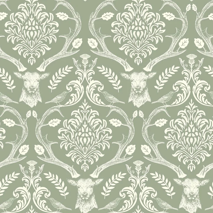 Stag Damask Sage Green Wallpaper