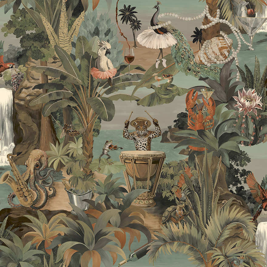 Sunset Carnival Aqua/Coral - Wallpaper Inn 