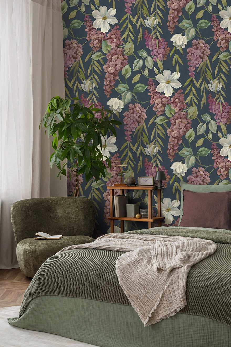 Buddleia Navy (Digital Print) - Wallpaper Inn 