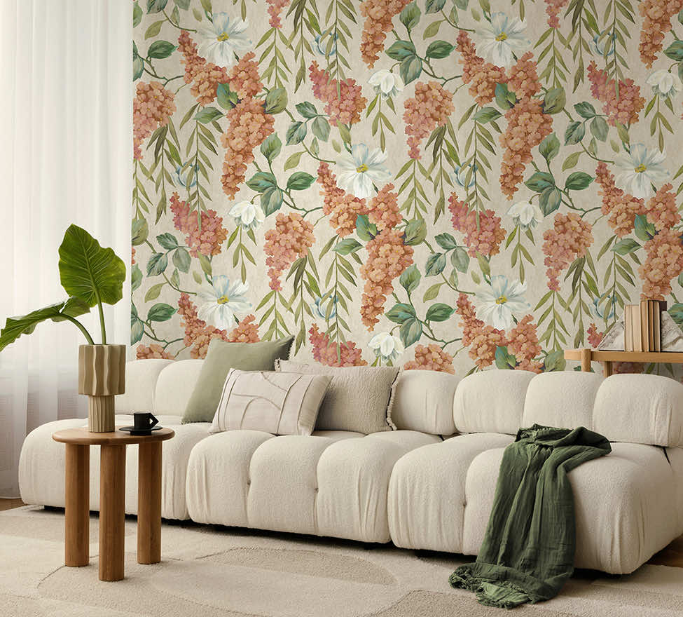 Buddleia Coral/Beige (Digital Print) - Wallpaper Inn 