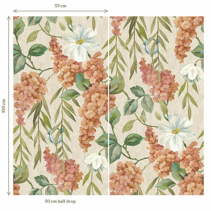Buddleia Coral/Beige (Digital Print) - Wallpaper Inn 