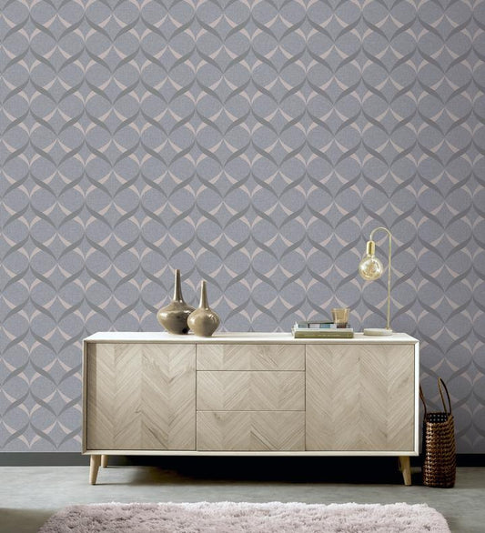 Metallic Ogee Charcoal/Rose Gold Wallpaper