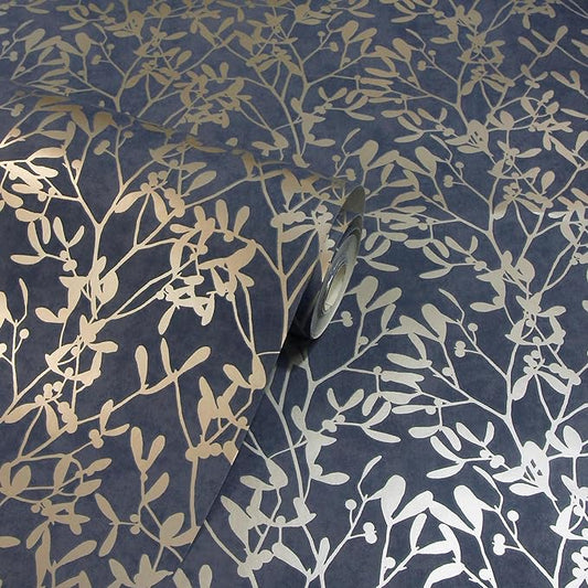 Botanica Leaf Navy & Gold Wallpaper - Wallpaper Inn 