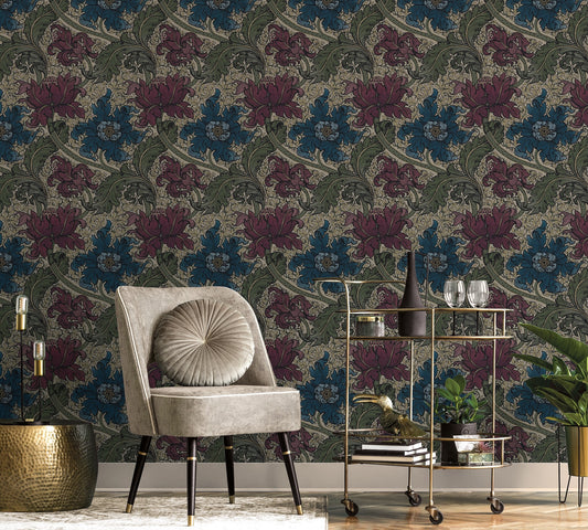 Morris Major Burgundy and Sage - Wallpaper Inn 