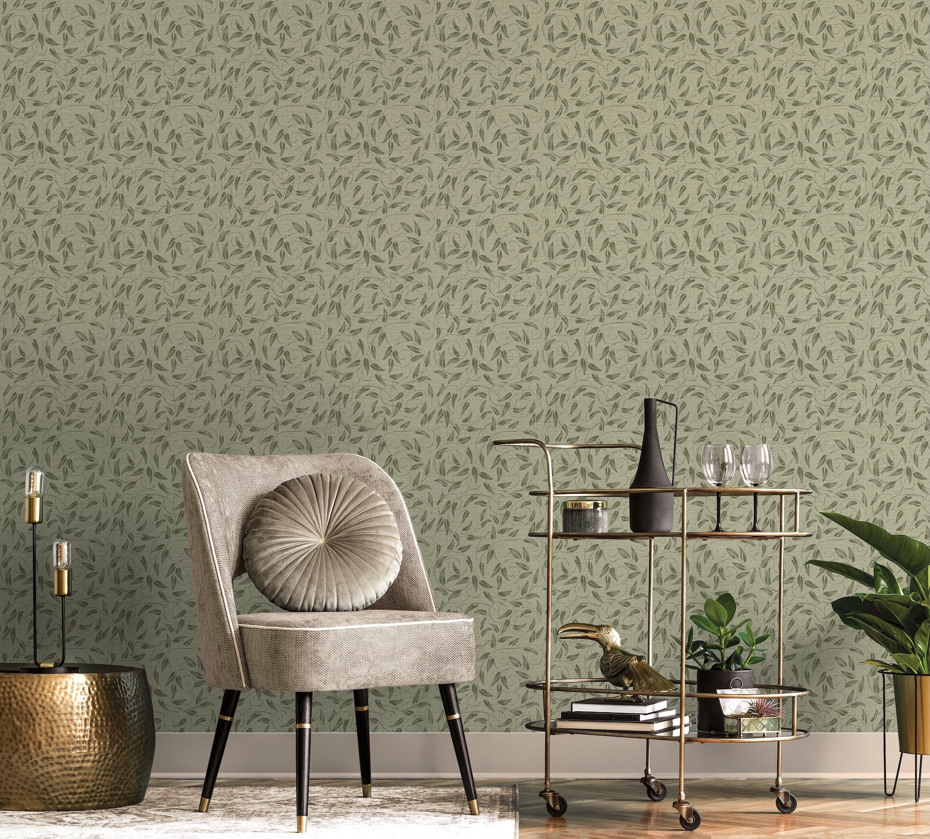 Tit Willow Green on Green - Wallpaper Inn 