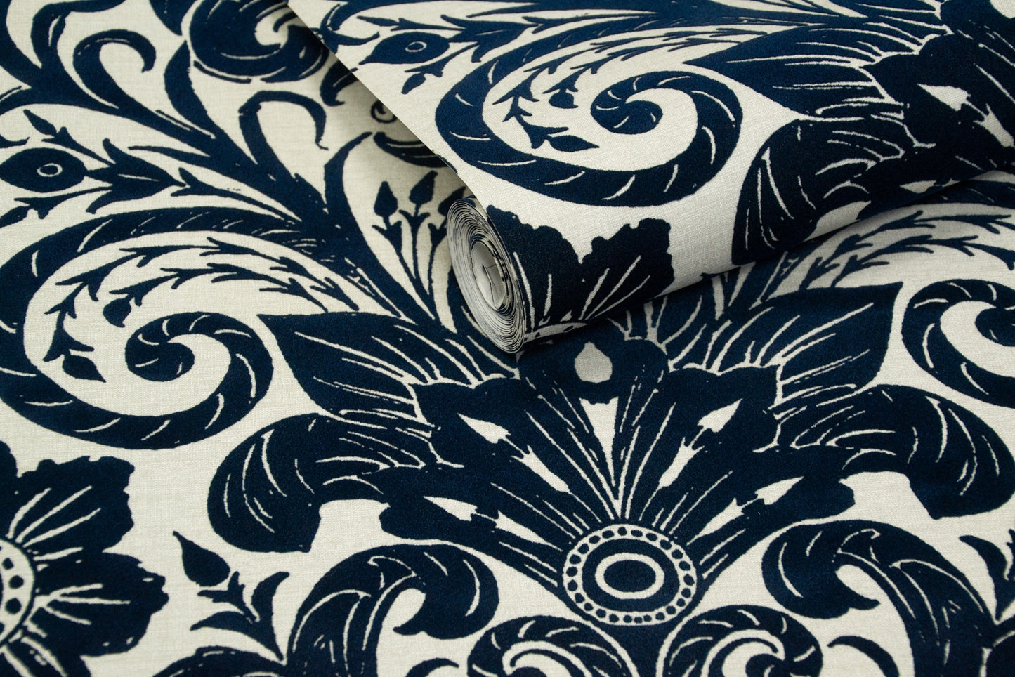 Damask Sauvage Navy on Grey - Wallpaper Inn 