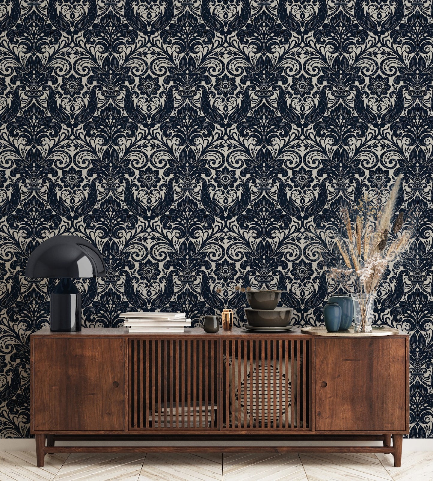 Damask Sauvage Navy on Grey - Wallpaper Inn 