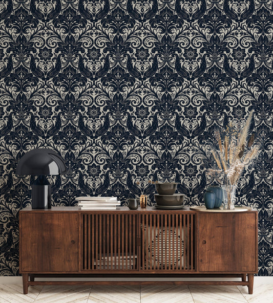 Damask Sauvage Navy on Grey - Wallpaper Inn 