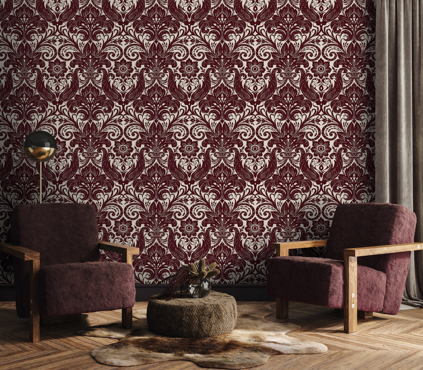 Damask Sauvage Burgundy - Wallpaper Inn 