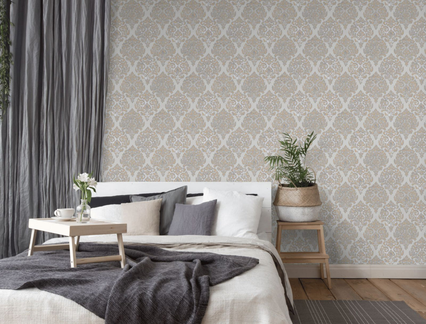 Modern Damask Mottled Wallpaper Rose Gold / Grey