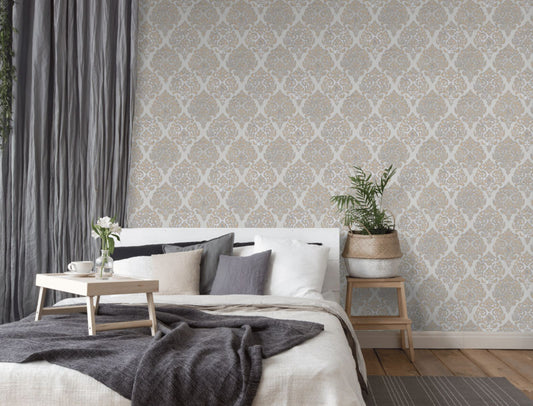 Modern Damask Mottled Wallpaper Rose Gold / Grey