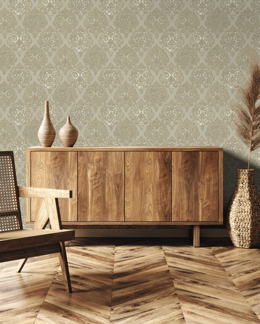 Modern Damask Mottled Wallpaper Gold/ Dark Brown