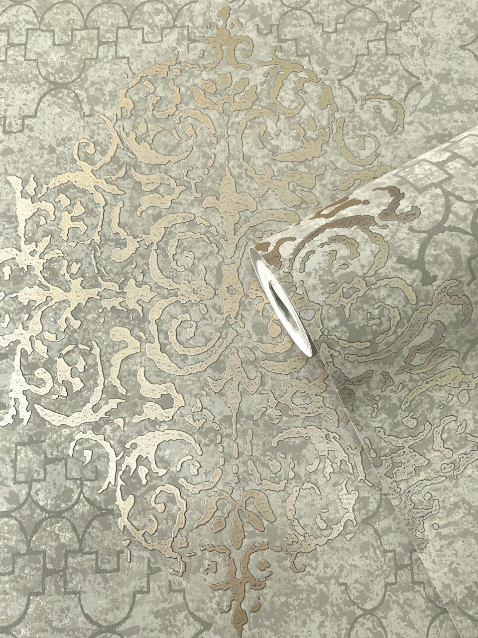 Damask Mottled Wallpaper Greige & Gold