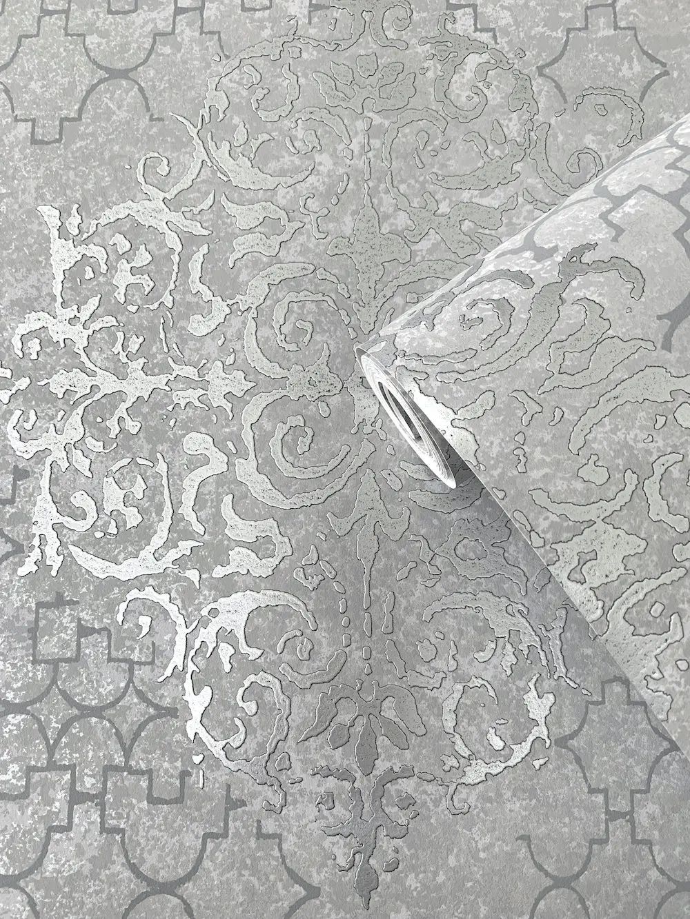 Damask Mottled Wallpaper Silver Grey