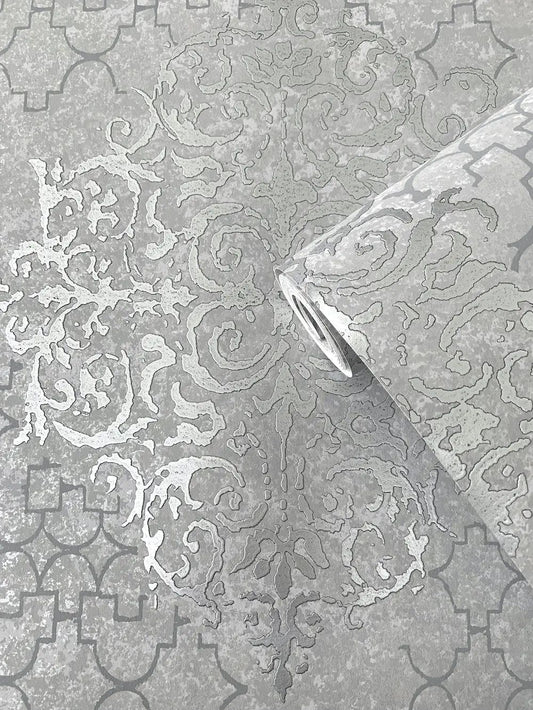 Damask Mottled Wallpaper Silver Grey