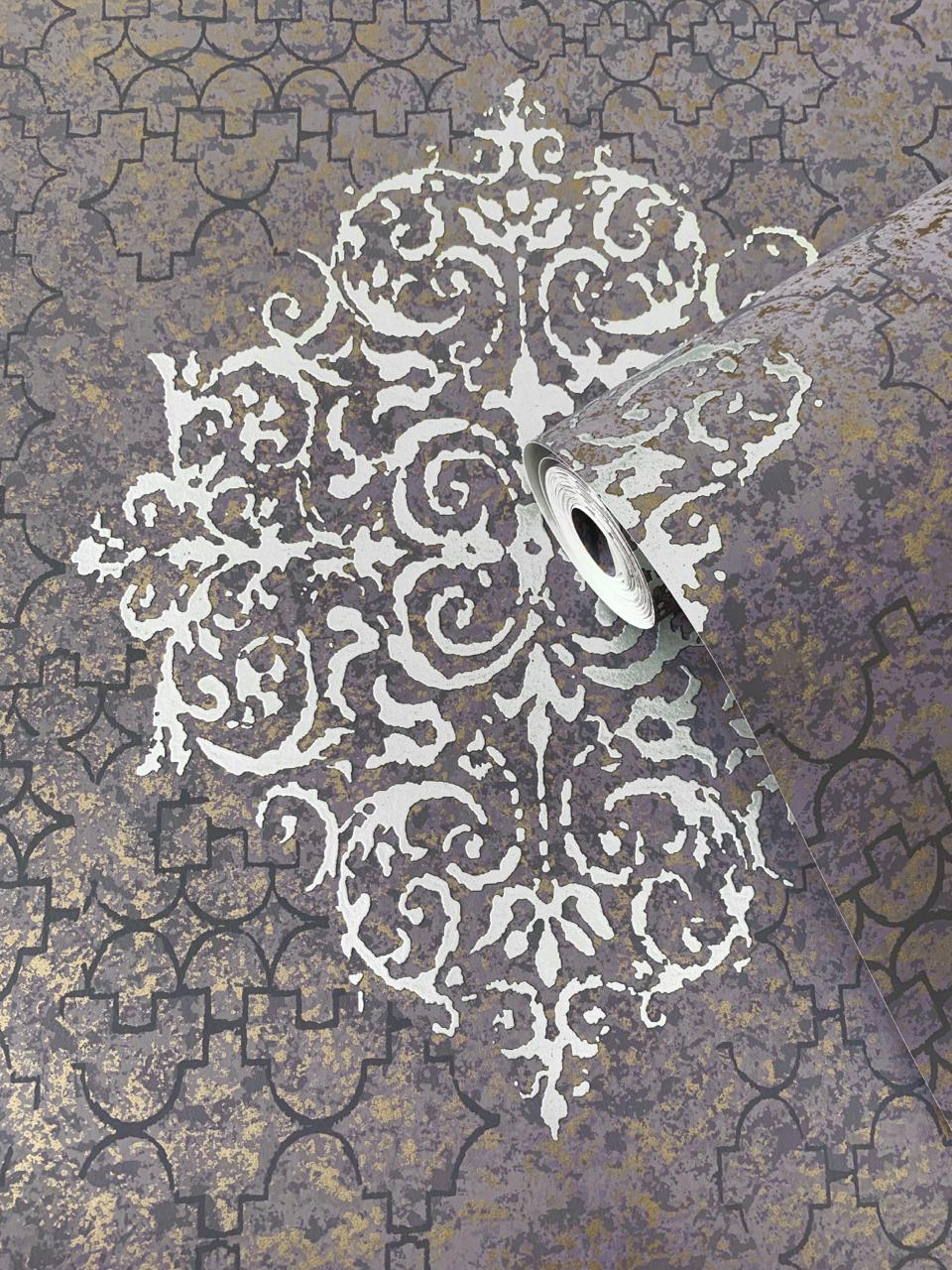 Damask Mottled Wallpaper  Silver Grey & Lilac