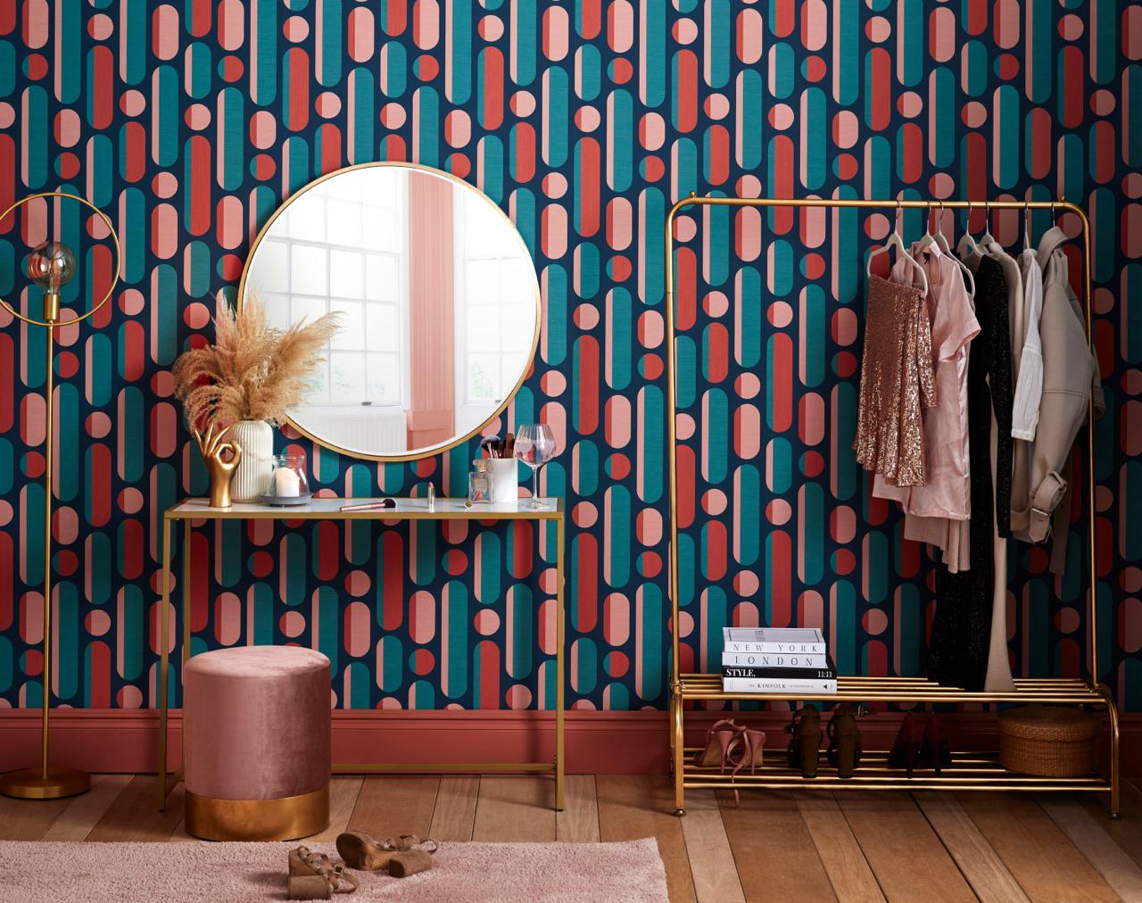 Morse Coral & Navy Wallpaper - Wallpaper Inn 