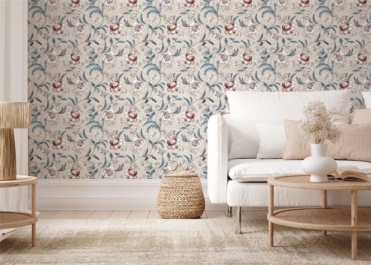 Tapestry Floral Wallpaper Vermillion Blue - Wallpaper Inn 