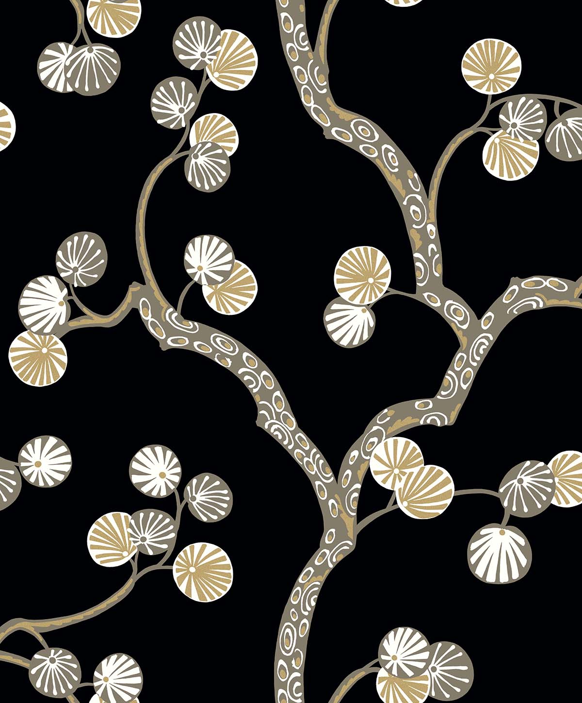 Decorative pattern of branches and leaves on a black background