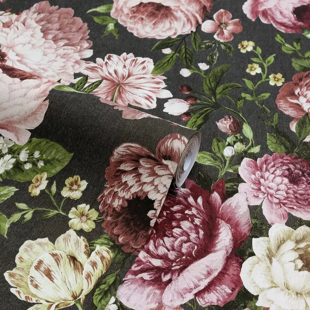 Tapestry Floral Charcoal / Pink Wallpaper Wallpaper Inn