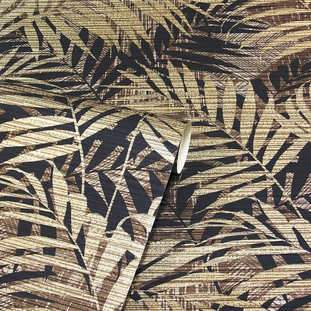 Textured Palm Gold/ Chocolate Wallpaper Wallpaper Inn