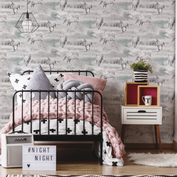 In this Unicorn Dreamland Wallpaper design, majestic unicorns in metallic rose gold quote on a beautiful pink and teal dreamy background.