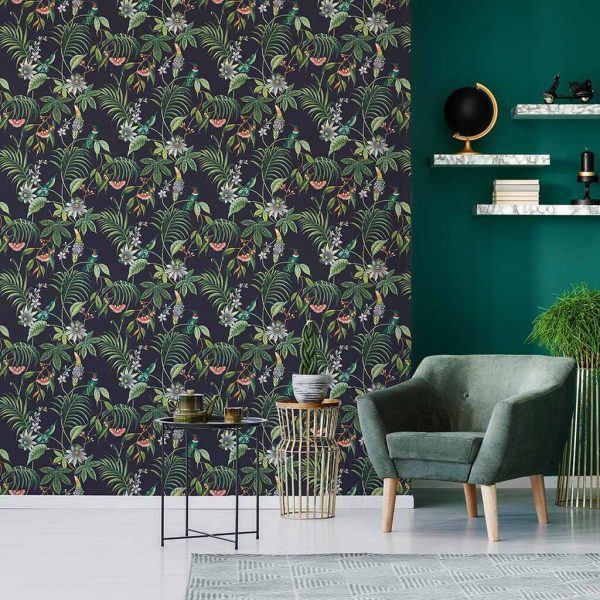 This beautiful Adilah Dark Wallpaper exudes style in stunning jewel tones throughout a natural trail and will add a touch of vibrant charm to any home.