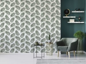 The 106997 Scandi Leaf Green Wallpaper is a fresh and simple tropical design with rich green leaves are set against a crisp white background.