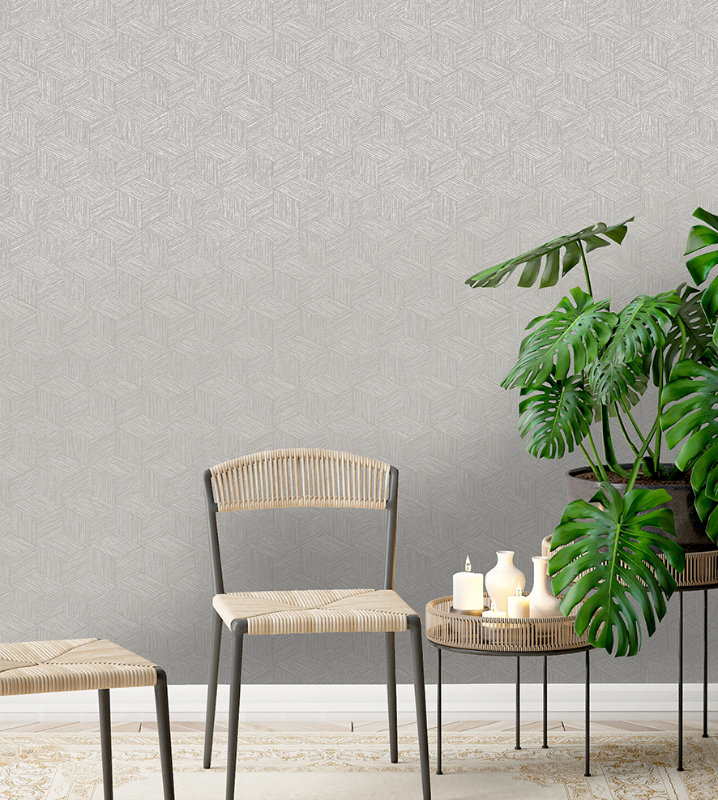 Bakau Grey wallpaper is an elegant diamond geometric motif design with metallic elements and a raised acrylic textured finish. It is ideal for any room.